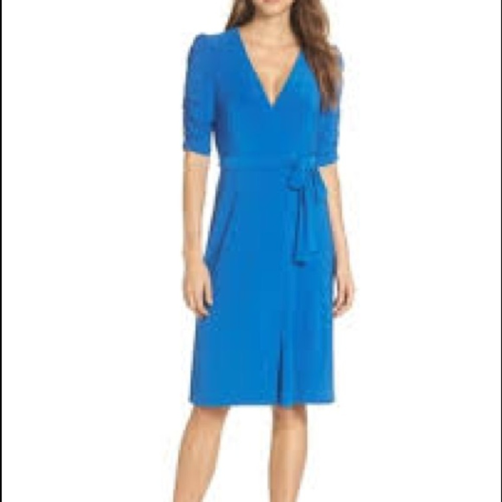 Eliza J Blue Ruched Sleeve Faux Wrap Dress